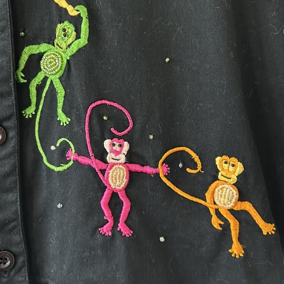 Michael Simon Lite Button-Front Cotton Cardigan w Beaded & Embroidered Monkeys - Picture 6 of 11